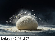 Шарик теста с рассыпающейся мукой на темном фоне — кулинарное вдохновение. Стоковое AI-изображение, AI-художник Александр Жуков / Фотобанк Лори
