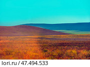 Steppe landscape with rolling hills. The foreground is occupied by thick, dry grass of warm shades - from ochre-yellow to reddish-brown. In the background is a gentle hill with a rocky top and wide shadows from it, and further on is another row of hills stretching beyond the horizon. The sky is bright, clear, with a light turquoise haze, emphasizing the boundless breadth of the steppes. The atmosphere is calm, spacious and lightly heated. Стоковое фото, фотограф Анна Кривицкая / Фотобанк Лори