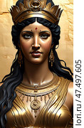 Aphrodite stands elegantly, showcasing her divine beauty and power. Intricate golden adornments enhance her enchanting presence against a warm, golden backdrop Generative AI. Стоковое AI-изображение, AI-художник Юлия Петровская / Фотобанк Лори