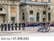 STOCKHOLM, SWEDEN - APRIL 30, 2018: The Royal Guard, the people and an old cannon at the celebration of King Carl XVI Gustaf's 72nd birthday at the Royal Palace in Stockholm. Редакционное фото, фотограф Сергей Комаров / Фотобанк Лори