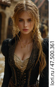 Enthralling Portrait: A maiden in historical garb with intense gaze and intricate golden necklace, exudes raw emotion and captivating beauty. Стоковое AI-изображение, AI-художник Данила Большаков / Фотобанк Лори