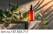 Capture of a skincare serum mockup in an elegant setting with natural lighting. Стеклянная бутылочка с пипеткой, наполненная золотистой сывороткой, стоит на фактурной каменной поверхности. Мягкие тени от близлежащих листьев создают безмятежную атмосферу при естественном освещении. Стоковое AI-изображение, AI-художник Katsiaryna Repich / Фотобанк Лори