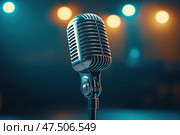 Ретро-микрофон. Ретро-микрофон на фоне размытого светового оформления. Стоковое AI-изображение, AI-художник Башкирова Анна / Фотобанк Лори