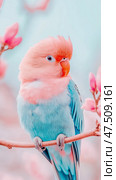 Springtime Aviary: A Peach-Faced Lovebird Perched Amidst Blossoming Twigs. Стоковое AI-изображение, AI-художник Данила Большаков / Фотобанк Лори