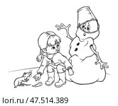 Маленькая девочка с двумя косичками присела, чтобы поднять нос-морковку таящего снеговика с ведром на голове, который печально наблюдал, как мышка собирается  съесть его нос. Контурная композиция для книги раскраски. A little girl squatted down to pick up the carrot nose of a melting snowman with a bucket on his head, who sadly watched as a mouse was about to eat his nose. Outline composition for a coloring book. Стоковая иллюстрация, иллюстратор Александра Савельева / Фотобанк Лори