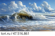 Seascape, Wave cresting under a Cloudy Blue Sky, Impressionist Beach Scene. Стоковое AI-изображение, AI-художник Данила Большаков / Фотобанк Лори