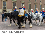 STOCKHOLM, SWEDEN - APRIL 30, 2018: Life Guards' Dragoon Music Corps on Slottsbacken street. The Royal Swedish Cavalry Band (Livgardets Dragonmusikkår). The celebration of King Carl XVI Gustaf 72 years old, at the Royal Palace in Stockholm. Редакционное фото, фотограф Сергей Комаров / Фотобанк Лори
