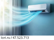 A state-of-the-art air conditioner disperses an invisible, refreshing breath of air. Soft, swirling mist illuminated in cool blue light highlights its modern technology and efficient design. Стоковое AI-изображение, AI-художник Nart / Фотобанк Лори