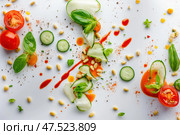 A deconstructed cannellini bean salad beautifully laid out. Each ingredient is meticulously placed, creating a dynamic yet elegant culinary presentation that highlights precision and creativity. Стоковое AI-изображение, AI-художник Nart / Фотобанк Лори