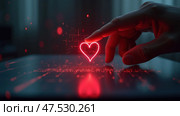 Рука взаимодействует с голографической моделью человеческого сердца, AI-generation. Стоковое AI-изображение, AI-художник Елена Скрипкина / Фотобанк Лори