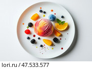 Colorful dessert arrangement featuring fruit and sorbet on a plate. Красочная десертная композиция с фруктами и сорбетом на тарелке. Стоковое AI-изображение, AI-художник Katsiaryna Repich / Фотобанк Лори