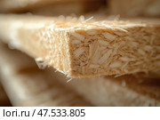 Close-up view of engineered wood panel showcasing texture and composition. Детальный крупный план панели из искусственной древесины, подчеркивающий выраженные волокна и текстуру материала. Естественный свет подчеркивает детали поверхности, создавая интригующее зрелище. Стоковое AI-изображение, AI-художник Katsiaryna Repich / Фотобанк Лори