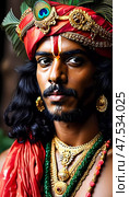 Lord Krishna symbolizes love, compassion, and wisdom, resplendent in colorful textiles and jewelry, radiating divine energy during a sacred celebration Generative AI. Стоковое AI-изображение, AI-художник Юлия Петровская / Фотобанк Лори
