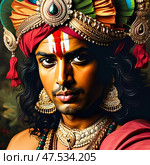 A serene representation of Lord Krishna adorned in colorful attire, radiating love and wisdom Generative AI. Стоковое AI-изображение, AI-художник Юлия Петровская / Фотобанк Лори