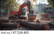 Excavator clearing fallen trees on a city street after a storm. Экскаватор убирает поваленные деревья на городской улице после урагана. Стоковое AI-изображение, AI-художник Katsiaryna Repich / Фотобанк Лори