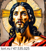 Majestic figure of Jesus Christ, illuminated by a radiant halo, stands against a textured stone wall, evoking feelings of reverence and inspiration in a timeless setting Generative AI. Стоковое AI-изображение, AI-художник Юлия Петровская / Фотобанк Лори