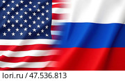 Флаги США и России расположены рядом друг с другом. Стоковое AI-изображение, AI-художник Valeryi Vysotkov / Фотобанк Лори