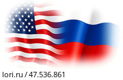 Флаги США и России расположены рядом друг с другом. Стоковое AI-изображение, AI-художник Valeryi Vysotkov / Фотобанк Лори