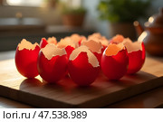 Красные скорлупки от куриных яиц. Стоковое AI-изображение, AI-художник Анна Рогалева / Фотобанк Лори