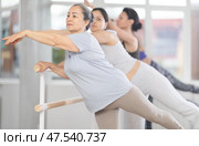 Women ballet lovers learn to perform arabesque pose in choreography studio. Стоковое фото, фотограф Яков Филимонов / Фотобанк Лори
