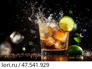 A high-speed capture of a deconstructed Moscow Mule highlights its dynamic elements. Fresh lime juice and vodka mix in mid-air with ginger beer, creating an effervescent splash. Стоковое AI-изображение, AI-художник Nart / Фотобанк Лори