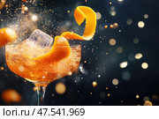 Experience the levitation magic of an Aperol Spritz cocktail. See orange peels, ice cubes, and Aperol suspended in bubbles of Prosecco, creating a refreshing and vibrant beverage scene. Стоковое AI-изображение, AI-художник Nart / Фотобанк Лори