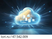 A sleek representation of a digital cloud interface. The modern design highlights virtual connectivity and data storage, illustrating cloud computing's role in the tech ecosystem. Стоковое AI-изображение, AI-художник Nart / Фотобанк Лори