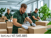 A professional moving team efficiently handles a relocation task. The movers in uniform are coordinating the packing and transportation of items with precision and care. Стоковое AI-изображение, AI-художник Nart / Фотобанк Лори