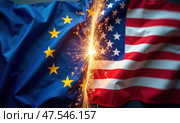 Флаг Евросоюза и США трутся с искрами. Концепция конфронтации. Стоковое AI-изображение, AI-художник Илья Старков / Фотобанк Лори
