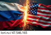 Флаг России и США трутся с искрами. Концепция конфронтации. Стоковое AI-изображение, AI-художник Илья Старков / Фотобанк Лори