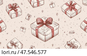Minimalist line-art pattern of gift boxes and bows on a neutral beige background. Минималистичный линейный рисунок подарочных коробок и бантов на нейтральном бежевом фоне. Стоковое AI-изображение, AI-художник Katsiaryna Repich / Фотобанк Лори