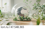Earth in glass dome surrounded by greenery, symbolizes environmental protection, Earth Day concept. Стоковое AI-изображение, AI-художник Анастасия Золотницкая / Фотобанк Лори