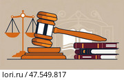 Modern flat style judges gavel with scales of justice and law books. Стоковое AI-изображение, AI-художник Андрей Бакусов / Фотобанк Лори