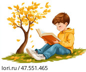 Мальчик читает интересную книгу, акварельный рисунок. Стоковое AI-изображение, AI-художник Щеголева Ольга / Фотобанк Лори
