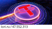 Tether USDT symbol on abstract dark technological background. Currency coin and circuit. Electricity impulse on motherboard. International and global market exchange concept. 3D illustration. Стоковая иллюстрация, иллюстратор Николай Евсюков / Фотобанк Лори