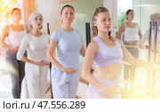 Slender women practicing ballet at ballet barre. Стоковое фото, фотограф Яков Филимонов / Фотобанк Лори