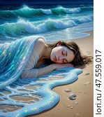 A girl sleeping on the seashore is covered by the surf like a blanket. Стоковое AI-изображение, AI-художник Сергей Елизарьев / Фотобанк Лори