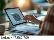 Office worker scanning qr code displayed on digital tablet screen. Стоковое AI-изображение, AI-художник Юрий Поздников / Фотобанк Лори