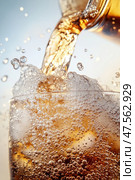 Pouring refreshing carbonated soda into glass with ice cubes, creating bubbles and foam. Стоковое AI-изображение, AI-художник Юрий Поздников / Фотобанк Лори