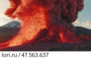 Eruption of a volacano emitting lava plume under a scenic sky. Стоковое AI-изображение, AI-художник Антон Гвоздиков / Фотобанк Лори