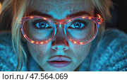A young woman wears glowing glasses, her focused gaze illuminated against a dark background, highlighting her features and the ambiance. Стоковое AI-видео, аниматор Данила Большаков / Фотобанк Лори