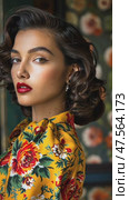 A stylish model stands gracefully with a confident expression, wearing a colorful floral ensemble that enhances her striking features and bold lipstick. Стоковое AI-видео, аниматор Данила Большаков / Фотобанк Лори