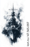 Battleship Emerging From Smoke in Dramatic Black and White Artwork. Стоковое AI-изображение, AI-художник Юлия Гапеенко / Фотобанк Лори