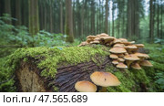 Mushrooms growing on mossy log in forest. Стоковое AI-видео, аниматор Юрий Поздников / Фотобанк Лори