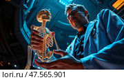 Врач в синем халате держит макет скелета. A doctor in a blue lab coat points to a mock-up of a skeleton. Стоковое AI-изображение, AI-художник Смирнова Светлана / Фотобанк Лори