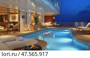 Luxurious cruise ship deck pool at sunset with varying lighting conditions. Стоковое AI-видео, аниматор Юрий Поздников / Фотобанк Лори