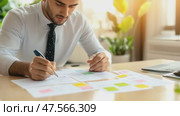 Businessman working at office desk writing notes. Стоковое AI-видео, аниматор Юрий Поздников / Фотобанк Лори