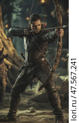 Archer taking aim with bow and arrow in a mystical forest. Стоковое AI-видео, аниматор Юрий Поздников / Фотобанк Лори