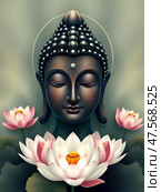 Концепция дня рождения Будды и буддийского праздника Весак/ Buddha face over pink lotus flowers.  Buddha birthday and Vesak holiday concept. Стоковое AI-изображение, AI-художник Iva Noel / Фотобанк Лори
