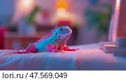 Hypnotic Reptile: Iguana Bathed in Cyberpunk Glow, Study in Artificial Light and Cold-Blooded Majesty. Стоковое AI-изображение, AI-художник Данила Большаков / Фотобанк Лори